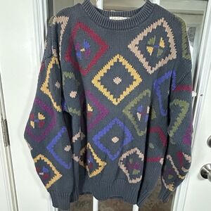 Vintage 90s Cotton Traders Hand Loomed Diamond Knit Grampa Sweater  Medium
